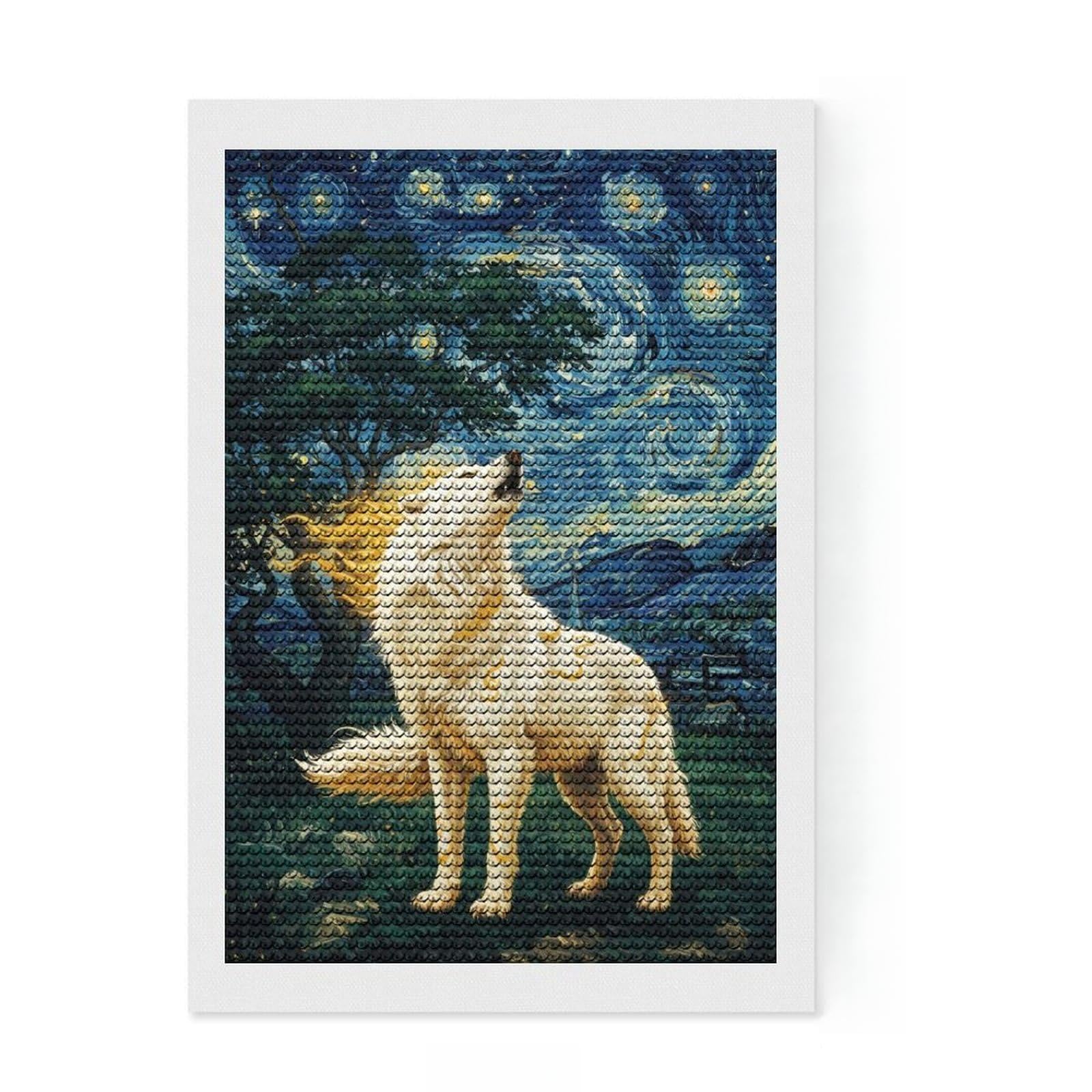 Junmoney Okami Howling at Starry Night Diamond Painting Set 8"x12", Relaxing DIY Hobby, Farmhouse Decor, for Creative Relaxation, Birthday Gift