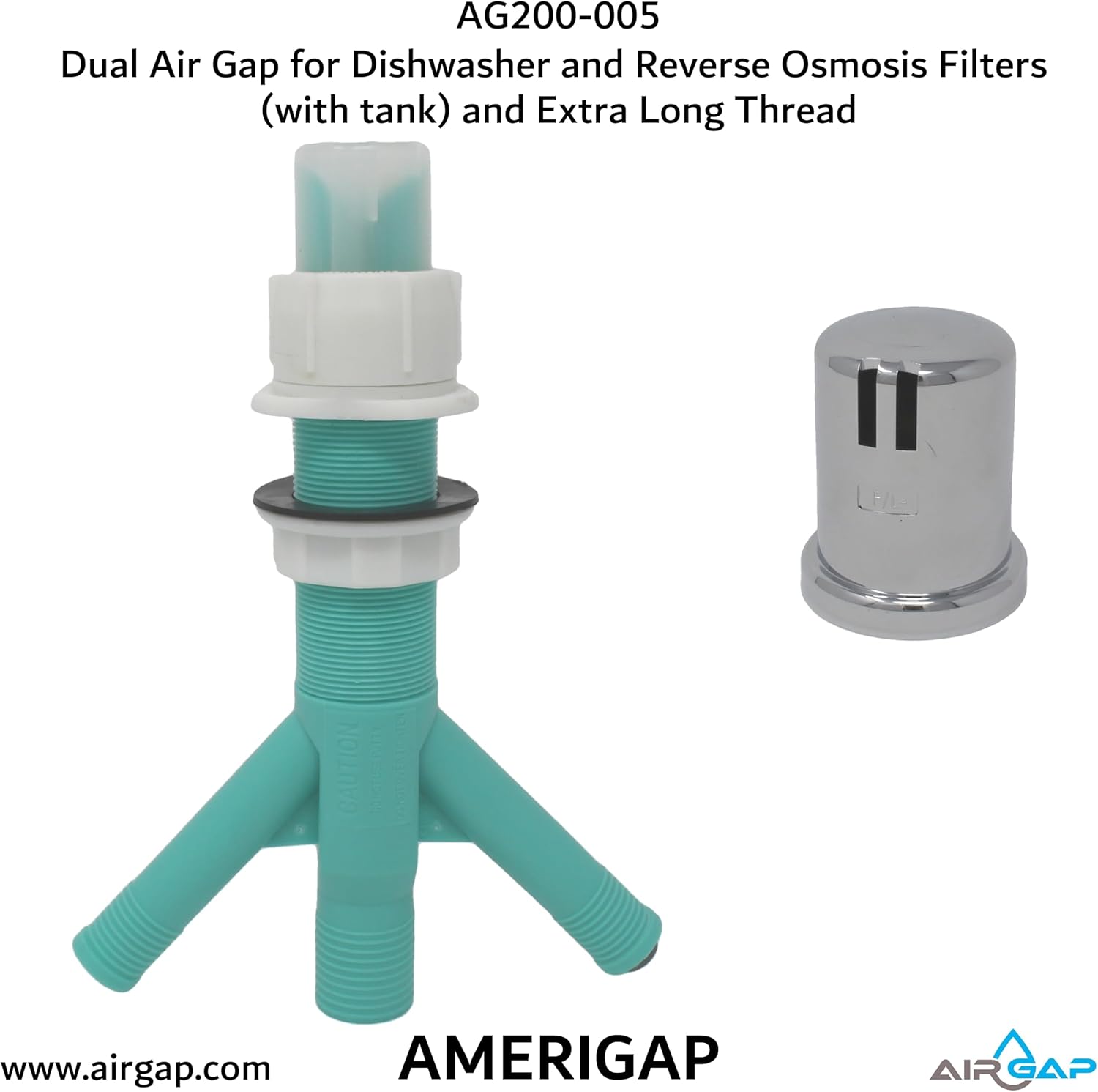 Dual Air Gap for Dishwasher and Reverse Osmosis Filters (with tank) and Extra Long Thread (AG200-005, AG200-002, T52 RO KIT, AMERIGAP)