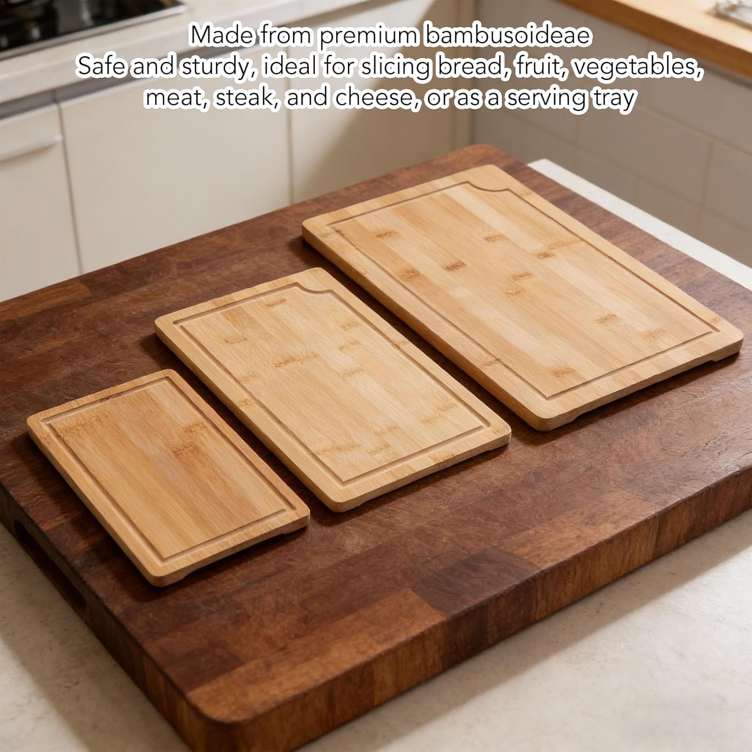3pcs Wood Chopping Boards Set, Smooth Cutting Boards with Grooves and Inner Handles for Kitchen, Meat Vegetables Fruits