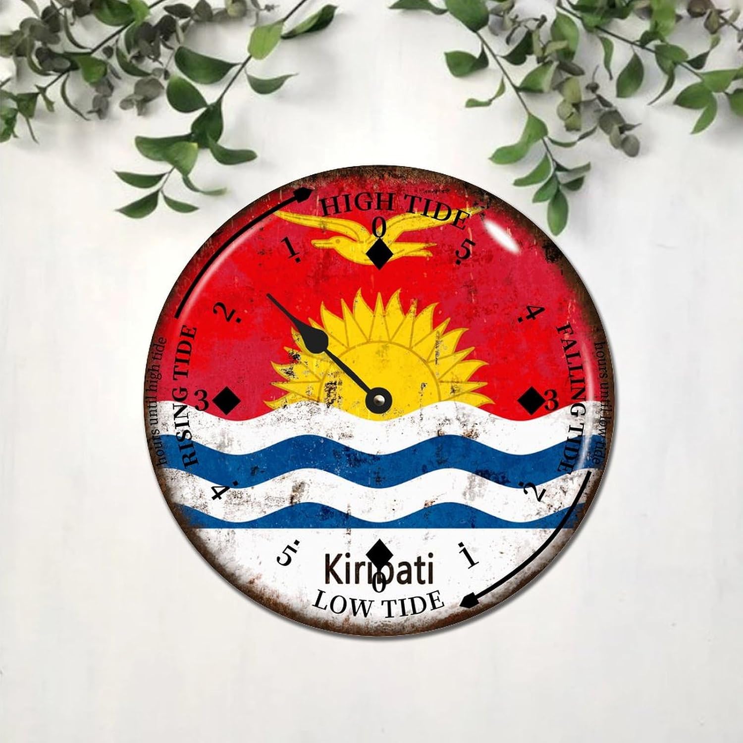 Kiribati National Flag Tide Clock Kiribati Wood Tidal Clock with High Tide Low Tide Battery Operated Clock 15x15 in Wall Hanging Tide Movement Clock for Beach House Cottage