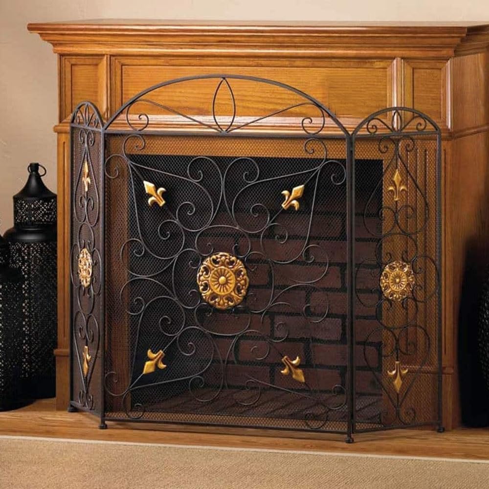Fireplace Screens Iron Metal Fireplace Screen Floor-Standing Fireproof Partition with Hollow Carvings and Golden Accents