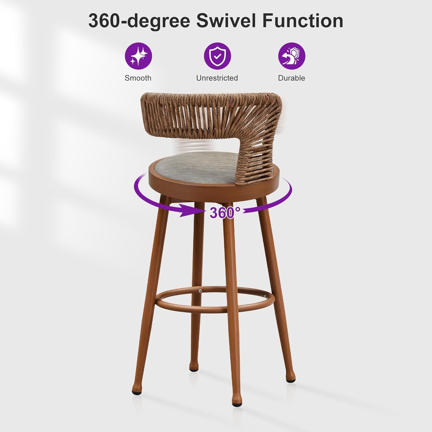 PURPLE LEAF Outdoor Swivel Bar Height Stools Set of 4 Metal Modern Wicker Bar Chairs with Back Aluminum Woven Barstools with Cushions for Kitchen Balcony Garden Indoor Teak