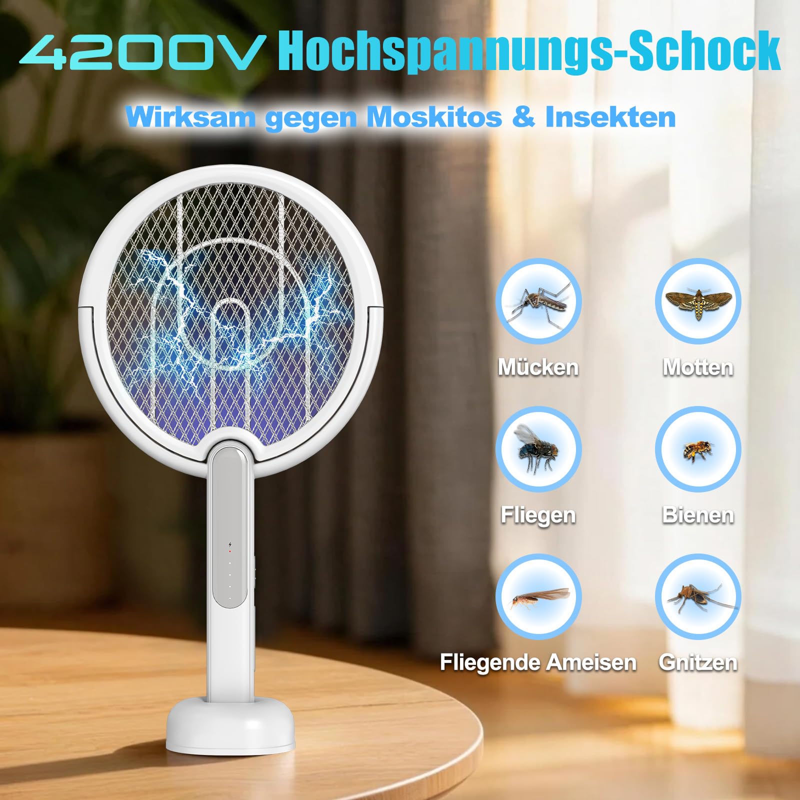 Elektrische Fliegenklatsche, 4000V Insektenvernichter mit Teleskopstange，1800mAh Akku, 2-in-1 USB-C Mückenfalle mit Rotierendem Kopf und Ladestation, für Innen und Außen