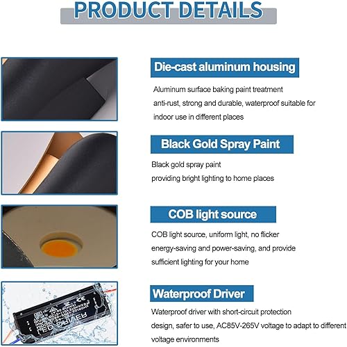 Miniatura 4 de Lámpara de pared al aire libre de 10 W, lámpara de pared exterior moderna de aluminio negro, impermeable, para porche, patio, garaje, paquete de 2