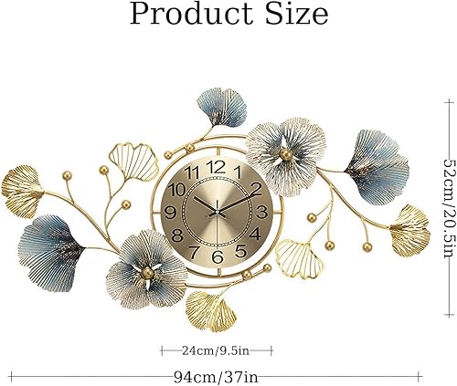 Miniatura 3 de Reloj de pared grande de 37 pulgadas, diseño de hoja de ginkgo de metal, silencioso, sin tictac, decoración para sala de estar, dormitorio, hogar