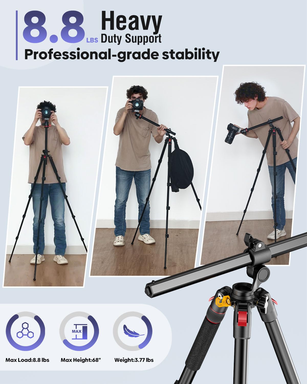 Treppiede orizzontale da 68 pollici per fotocamera, treppiede in alluminio con testa a sfera per riprese macro e in testa, monopiede staccabile, piastra QR Arca da 0,25 pollici, capacità di carico 15