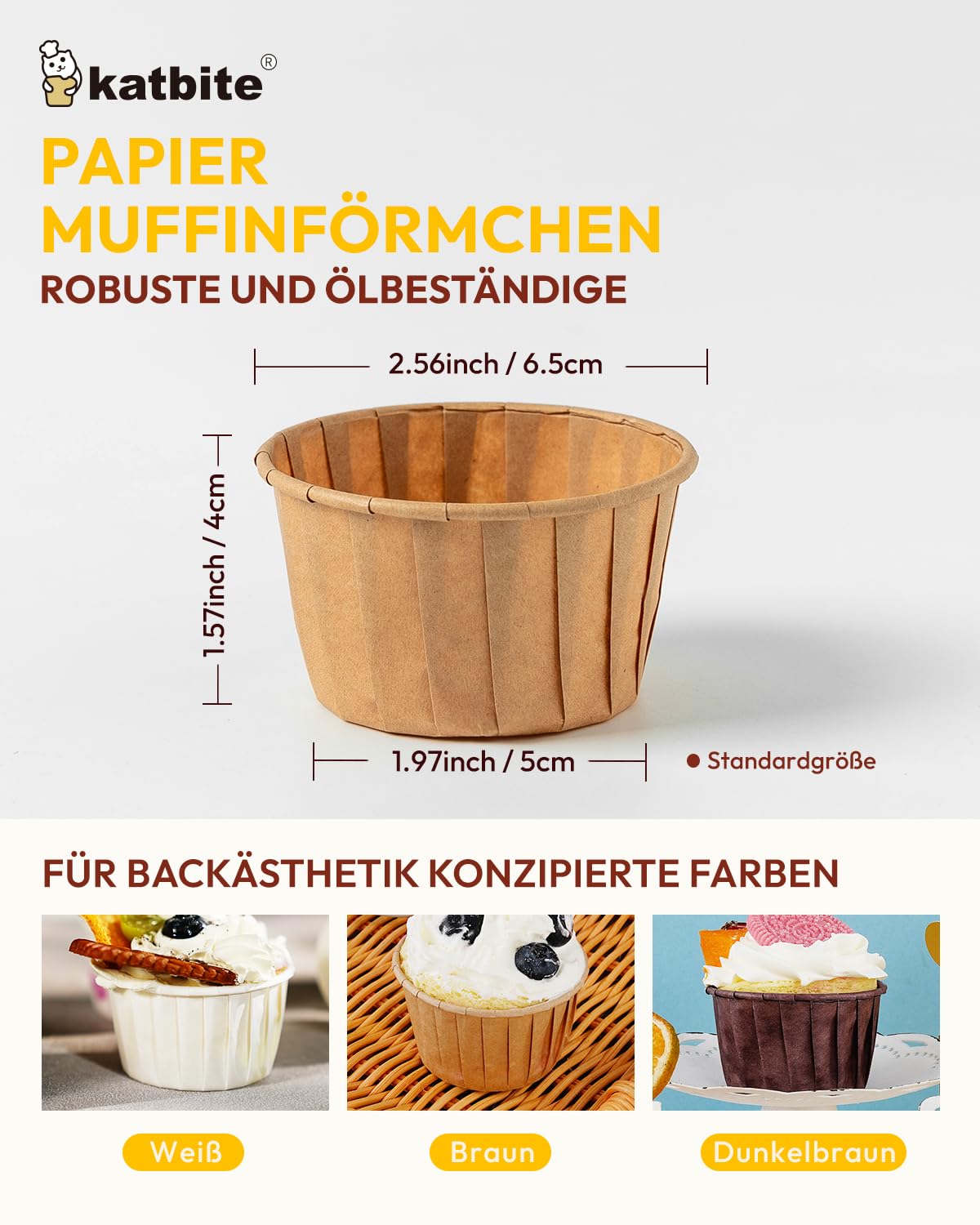 katbite Standardowe foremki do muffinek, ciężkie papierowe foremki do pieczenia babeczek, 150 sztuk, jednorazowe foremki do muffinek z woskowanego papieru, na wesela, urodziny, imprezy, białe, brązowe