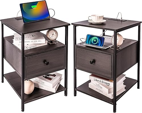 Miniatura 8 de Mesita de noche de madera con estación de carga, puerto USB y cajón individual | Mesita de noche para sala de estar, dormitorio (2, marrón rústico)