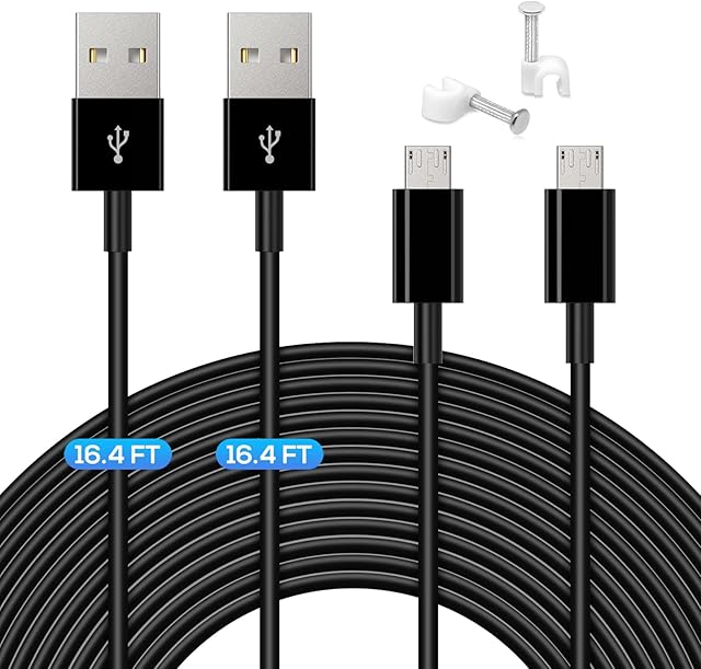 [2 Pack 16.4ft/5m] Micro USB Power Extension Cable Compatible with Wyze Cam Pan V2 / Clever Dog / YI Dome Camera / Nest Cam / Blink Indoor Camera / Nest Thermostat Security Camera Lead - Black