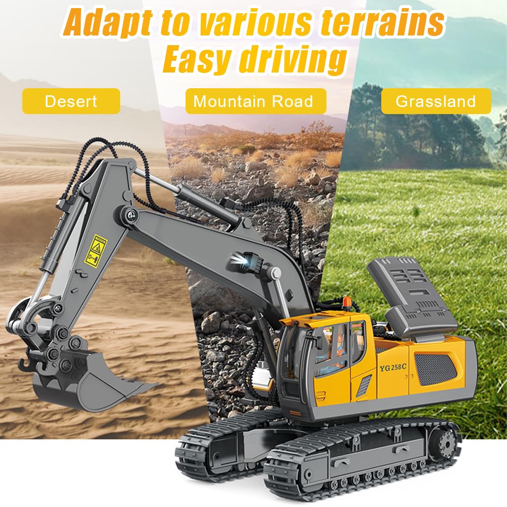 Excavadora de Control Remoto, 2,4 GHz Juguete Excavadora Teledirigido, Excavadoras Teledirigida para Niños, Rotación de 680°, 11 Canales, Sonido y Luz, para Niños y Niñas Mayores de 3 Años