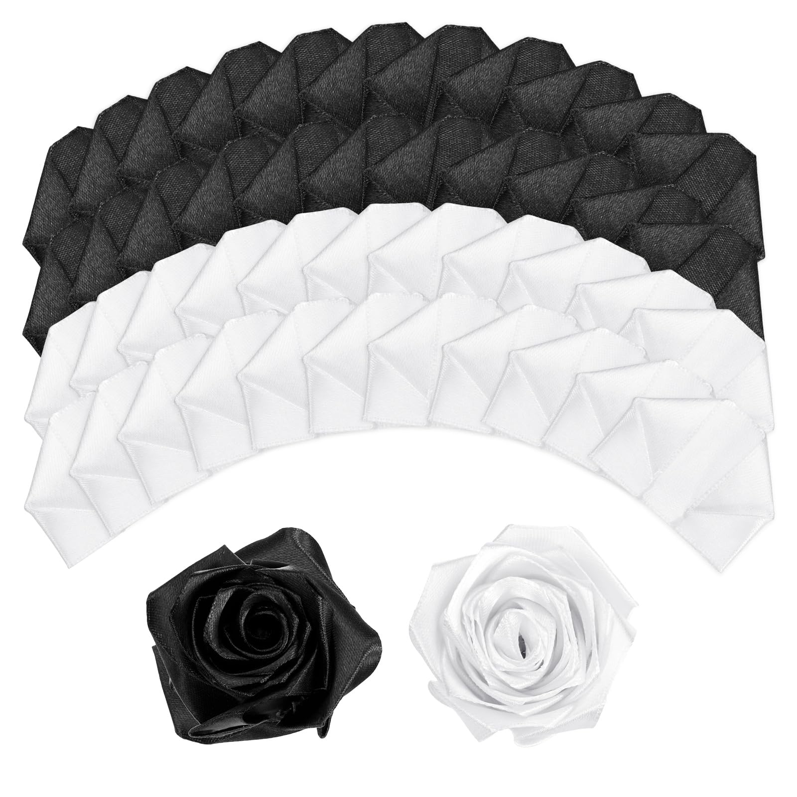sourcing map 100pcs Eternal Roses Petals, Premade Satin Ribbon Flowers for Crafts Ribbon Roses for DIY Wedding Anniversary Birthday Decorations Valentines Day, Black/White