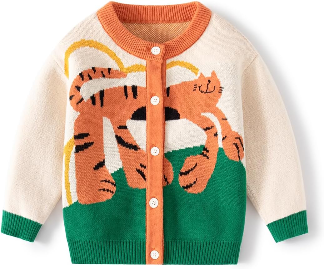 ジェネリック 幼児の漫画 恐竜 タイガーパターン セーター カーディガン、ニットコットントップス、男の子の暖かい服、6-6歳