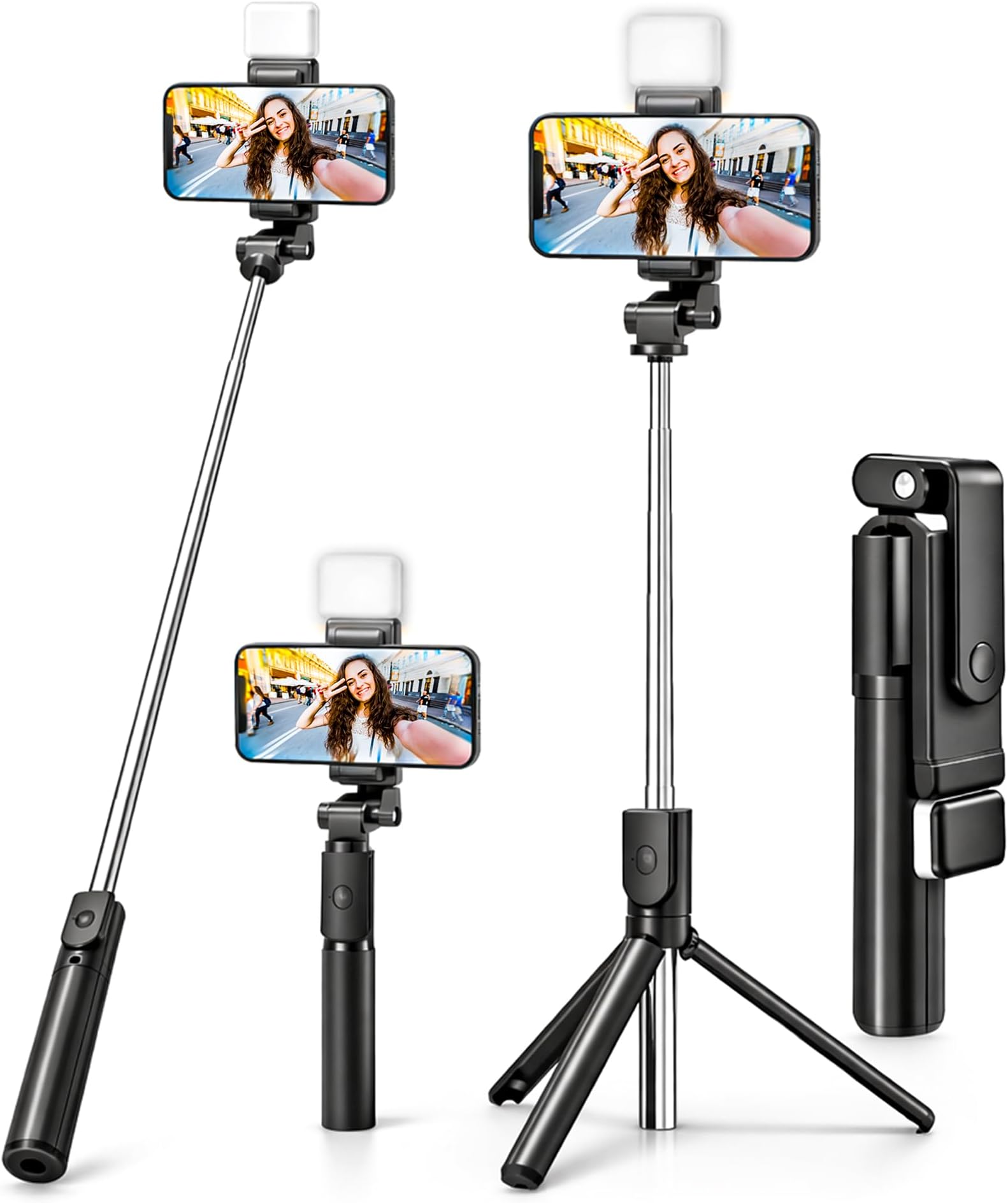 SWAPKART 3-in-1 Extendable Selfie Stick Tripod with Wireless Bluetooth Remote & LED Light for Photoshoot, Make Up & Selfie 70cm, Compatible with Smartphones & GoPro