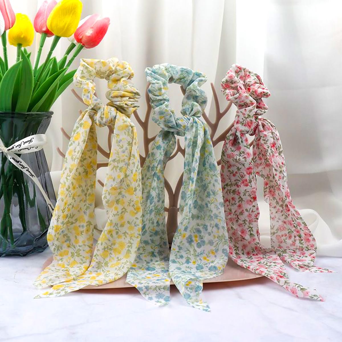 6 PCS Bow Hair Ties Elastic Hairband Long Ribbon Ponytail Scrunchies Floral Hair Scarf Ponytail Holder Bow Scrunchies Hair Accessories Multicolor For Women and Girls - Image 3