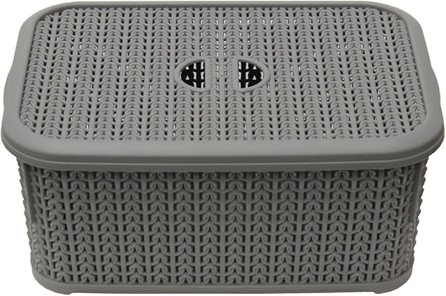 JVL 13-356GY Knit Design Loop Plastic Lidded Rectangular Storage Basket with Handles, Grey, 20 x 28.5 x 12.5 cm, 6 Litres
