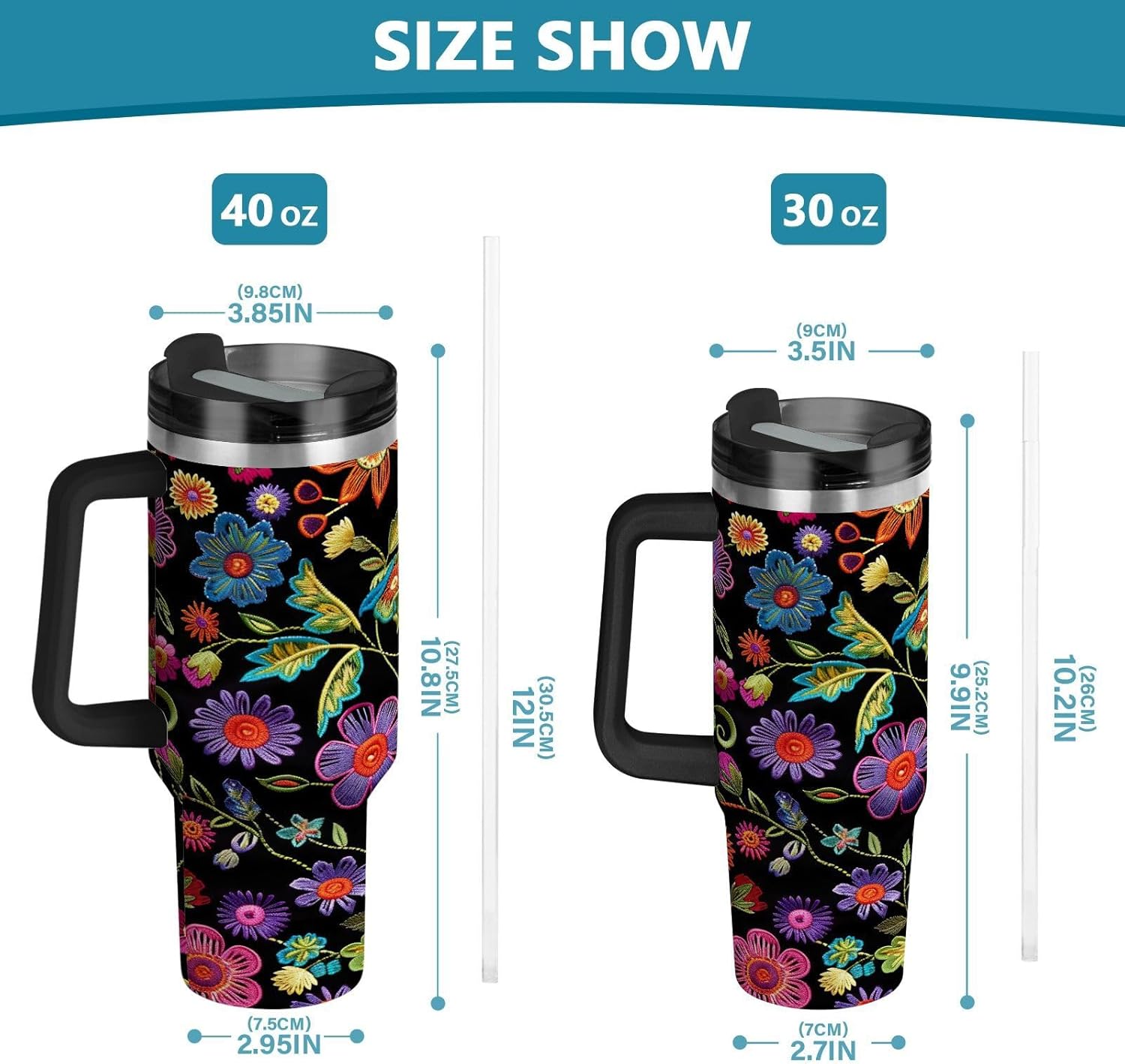 YETTASBIN Mexican Floral 40 oz Tumbler with Handle, Stainless Steel Vacuum Insulated Sports Water Bottle, Leak-proof Travel Coffee Mug Cup with Lid and Straw for Water, Iced Tea or Coffee