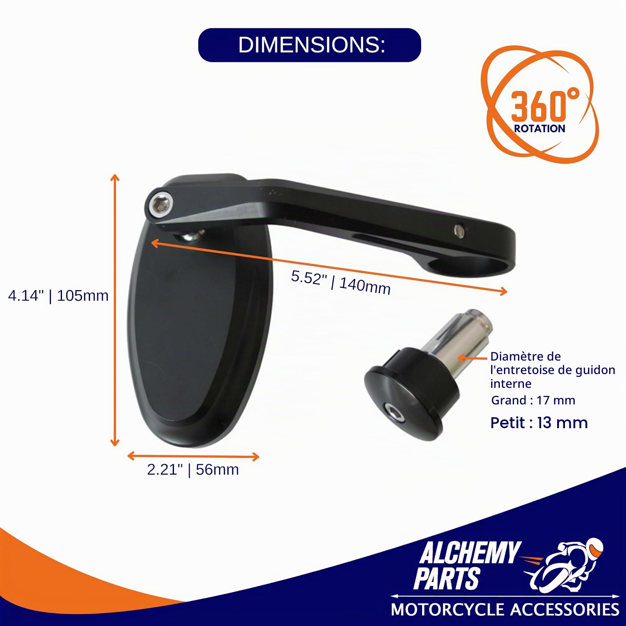 Retroviseur de Guidon 22mm avec Embout pour Moto | Cafe Racer | Roadster | avec Rotation Facile à 360° | Compatible sur Renthal