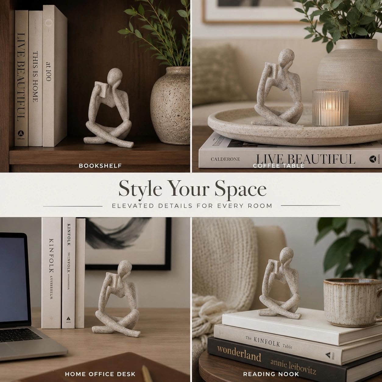 Bookshelf Decor Thinker Statue, Sand Abstract Reading Figurine, Resin Decorative Bookend for Coffee Table, Shelf, Home Office, Library, Living Room - Gift for Book Lovers (Right Thinking) image 4
