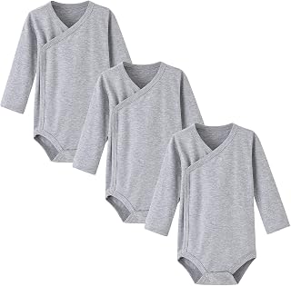 Baby Boy Girl Side Snap Bodysuits - 100% Cotton Plain Long Sleeve Baby Kimono Onesies for Newborn-12 Months, 3 Pack
