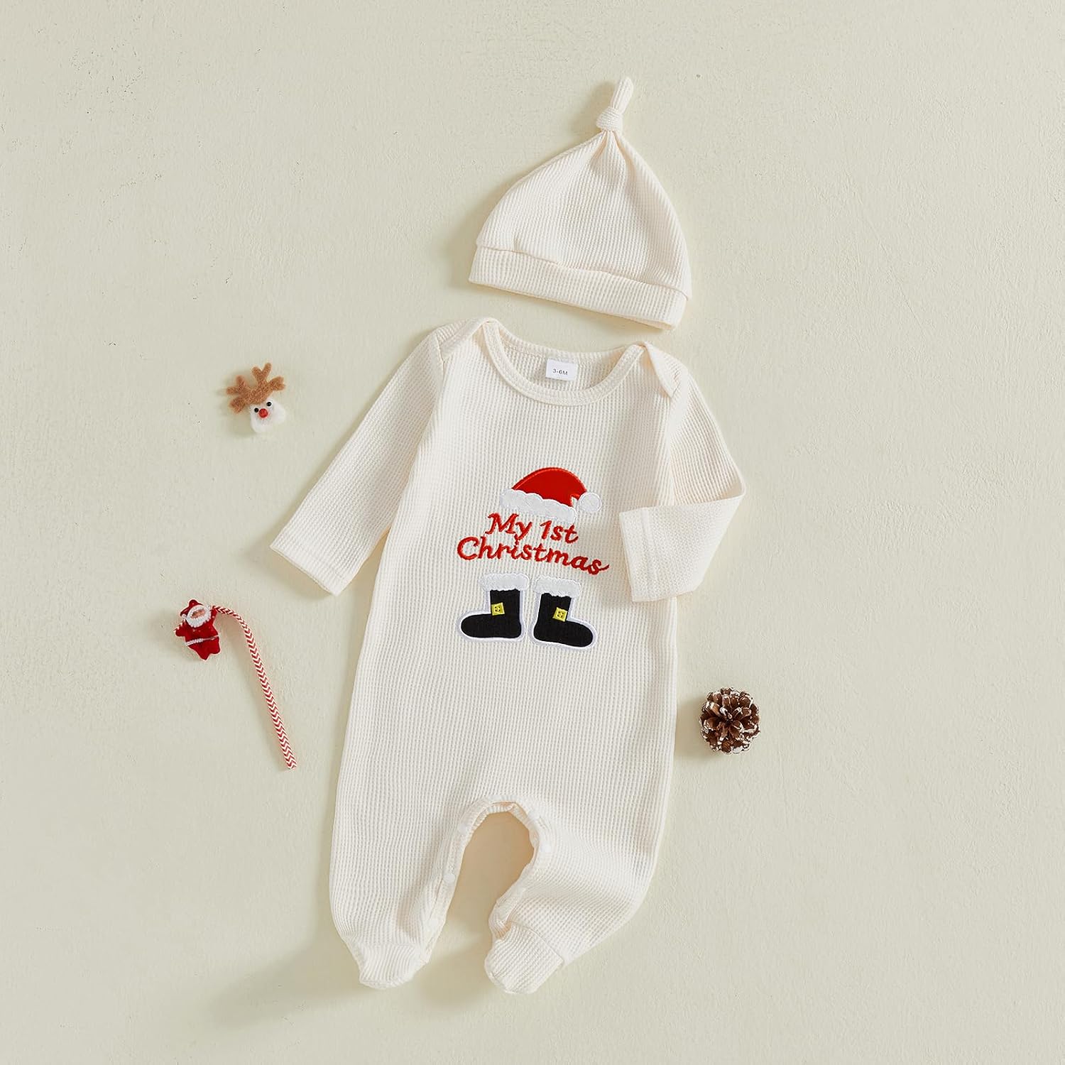 FYBITBO My First Christmas Baby Boy Outfit Newborn Boy Girl Santa-Capped Christmas Footie Romper Onesie Xmas Clothes