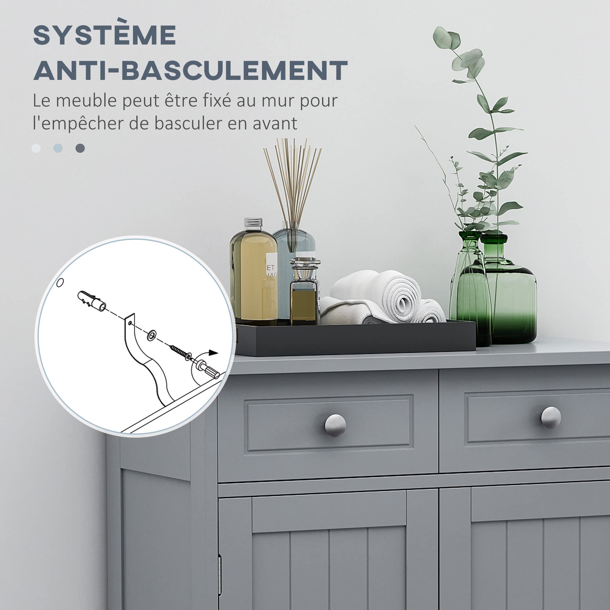 kleankin Meuble de Salle de Bain avec 2 Tiroirs 60 x 30 x 75 cm Gris | Meuble de Rangement avec Placard Double Porte, Étagère Réglable, Armoire Salle de Bain, Salon, Chambre