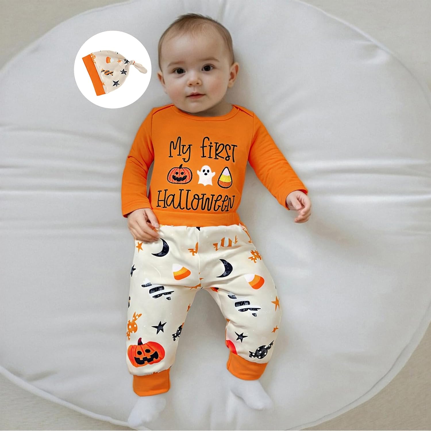 My First Baby Boy Halloween Outfit Newborn Pumpkin Ghost Embroidery Romper Bodysuit Pants Hat Set 3cps Clothes - Image 2