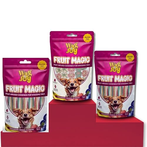 Wag in Joy Fruit Magic Veg Treats for Dogs | Vitamin C, Calcium Enriched | Gluten Free | Mix Fruit, Strawberry, Blueberry & Banana Flavour, 125 gm (Combo B)| Candies, 2 Pack of Stick (Pack of 3)