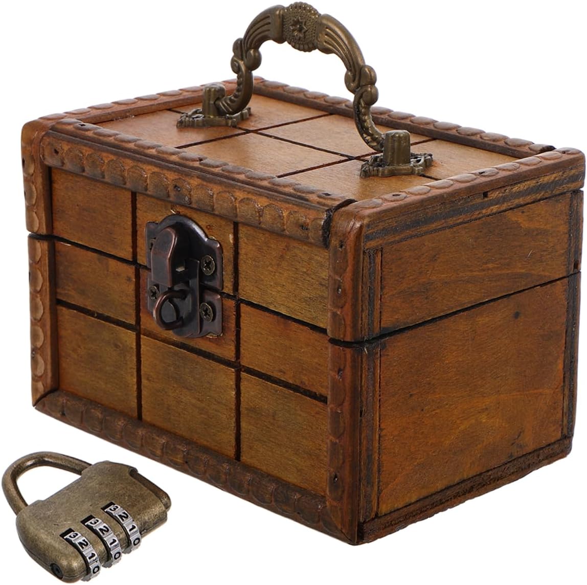 4.7inch Mini Vintage Wooden Storage Box with Combination Lock Small Decorative Jewelry Chest Rustic Antique Keepsake Case for Jewelry Storage and Escape Room Props