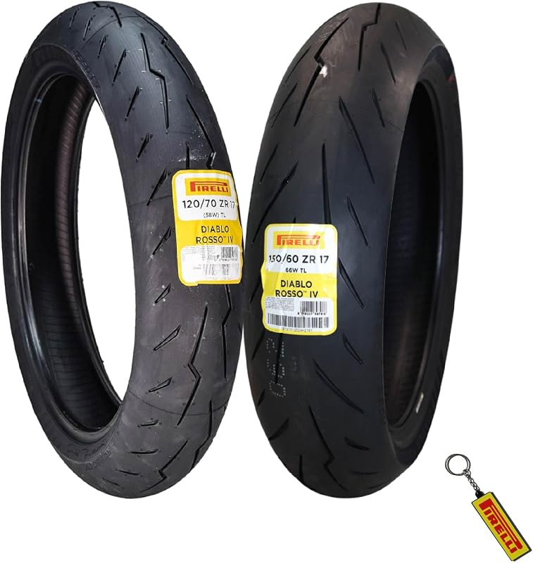 Pirelli Diablo Rosso IV Front & Rear Tire Set 120/70 ZR 17 & 150/60 ZR 17 | Complete tire set: 120/70 ZR 17 front, 150/60 ZR 17 rear. Supersport performance. Excellent wet/dry grip. Includes keychain.