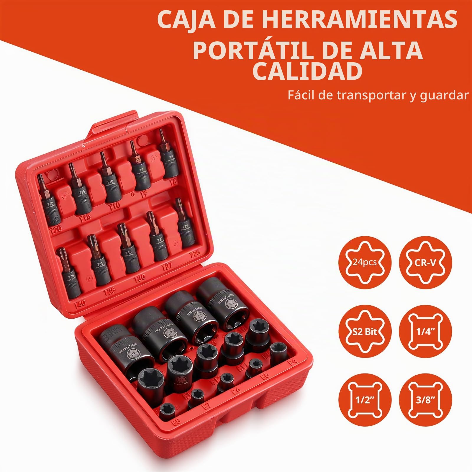 GETLITOOL Juego de 24 llaves de vaso E-Torx E-Torx de acero CR-V E4-E24 y T8-T40, llaves de estrella con grabado láser y caja organizadora para reparación de automóviles, mantenimiento mecánico