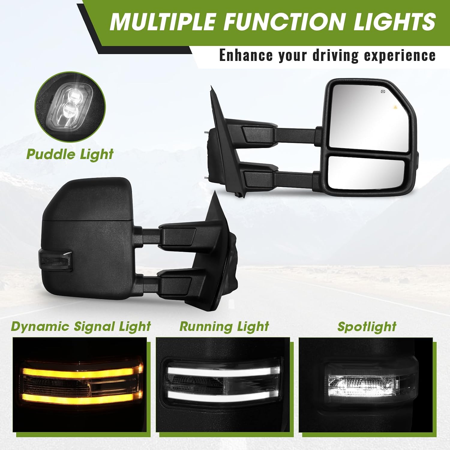 Switchback Towing Mirrors for Ford F150 (2021-2026), F250 F350 F450 (2023-2026) with Dynamic Turn Signal & Running Light Heated Power Glass Pair Set (Unpainted, Smoke Lens) Manual Folding