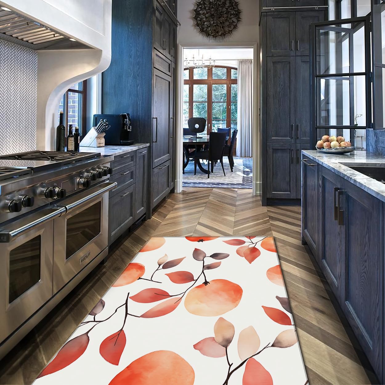 Tapis de cuisine orange aquarelle 80x150cm à poil bas pour une entrée douce