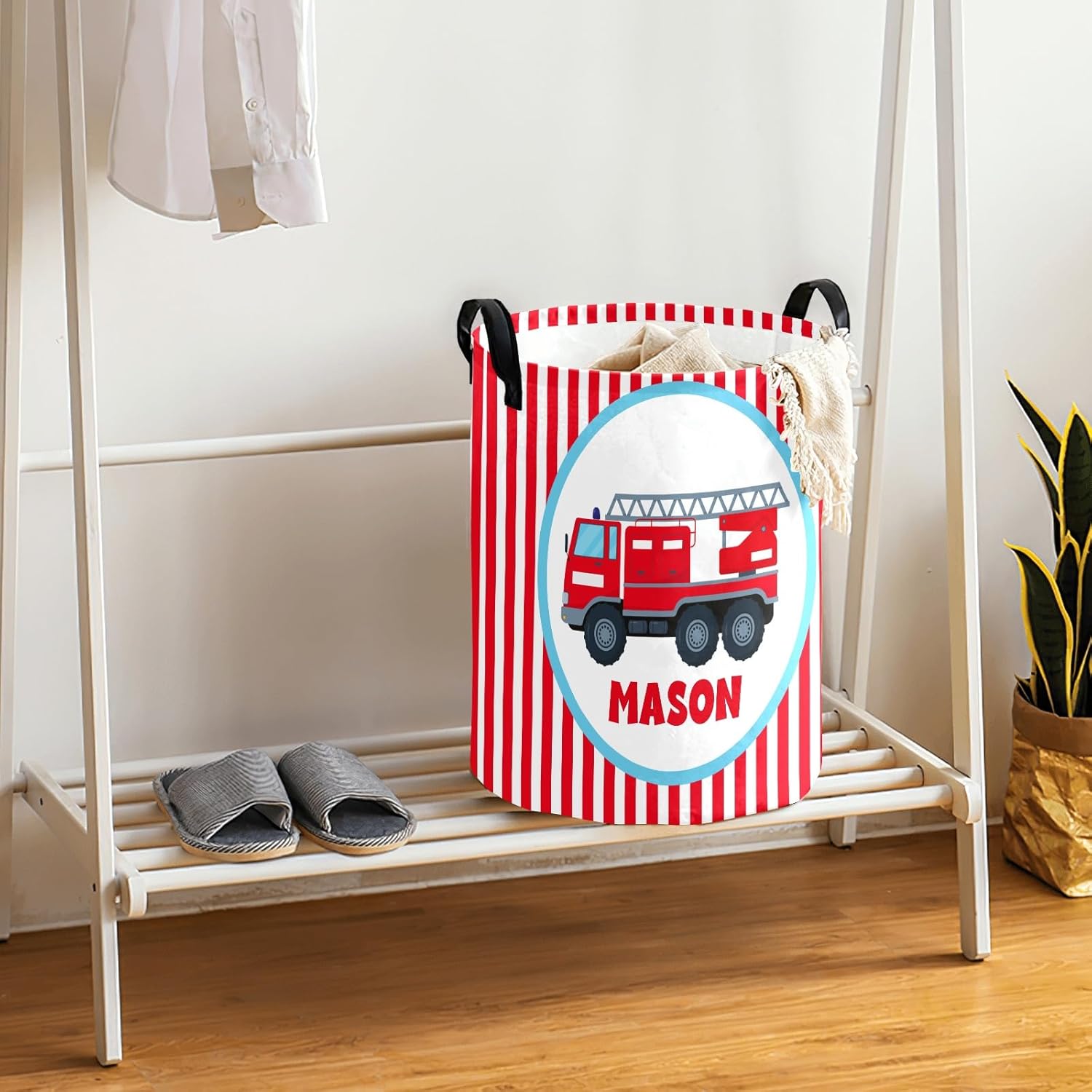 Fire Truck Red Striped Striped Personalized Laundry Basket Clothes Hamper with Handles Waterproof,Collapsible Laundry Storage Baskets Room Decorative, Option 15