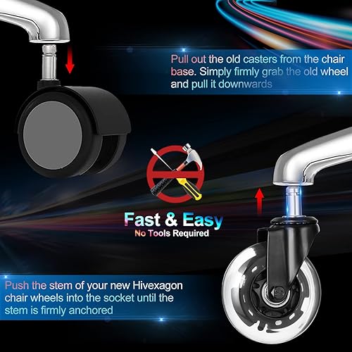 Miniatura 4 de Hivexagon Juego de 5 ruedas para silla de oficina con luces RGB que cambian de color, juego de 5 ruedas de repuesto de goma, ruedas universales