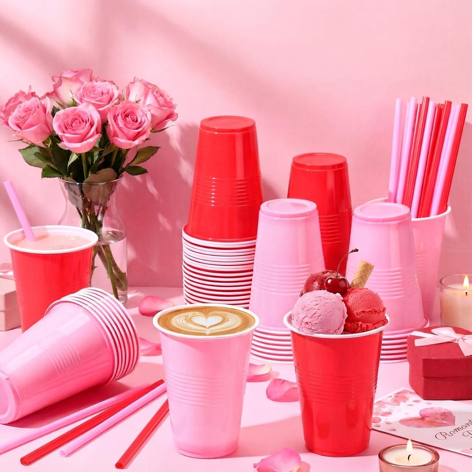 Ceenna 120 Pcs Valentine's Day Disposable Plastic Cups with Heart Straws, 16 oz Red Pink Reusable Drinking Tumblers for Wedding, Bridal Shower & Party Supplies - Image 6