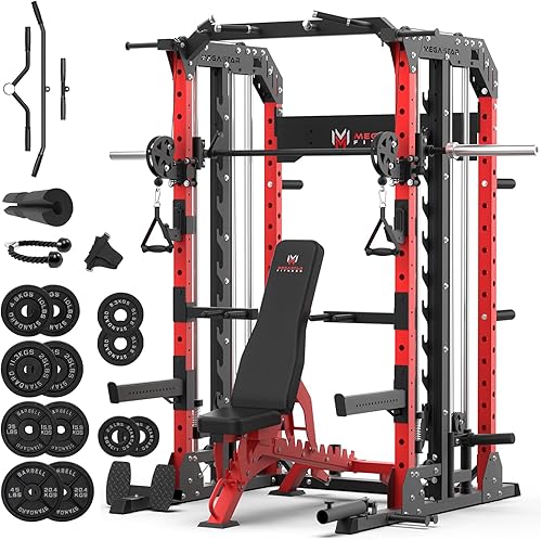 Smith Machine - Gimnasio en casa con polea de aluminio, capacidad de 2000 libras, estante de alimentación todo en uno con cable cruzado, barra de