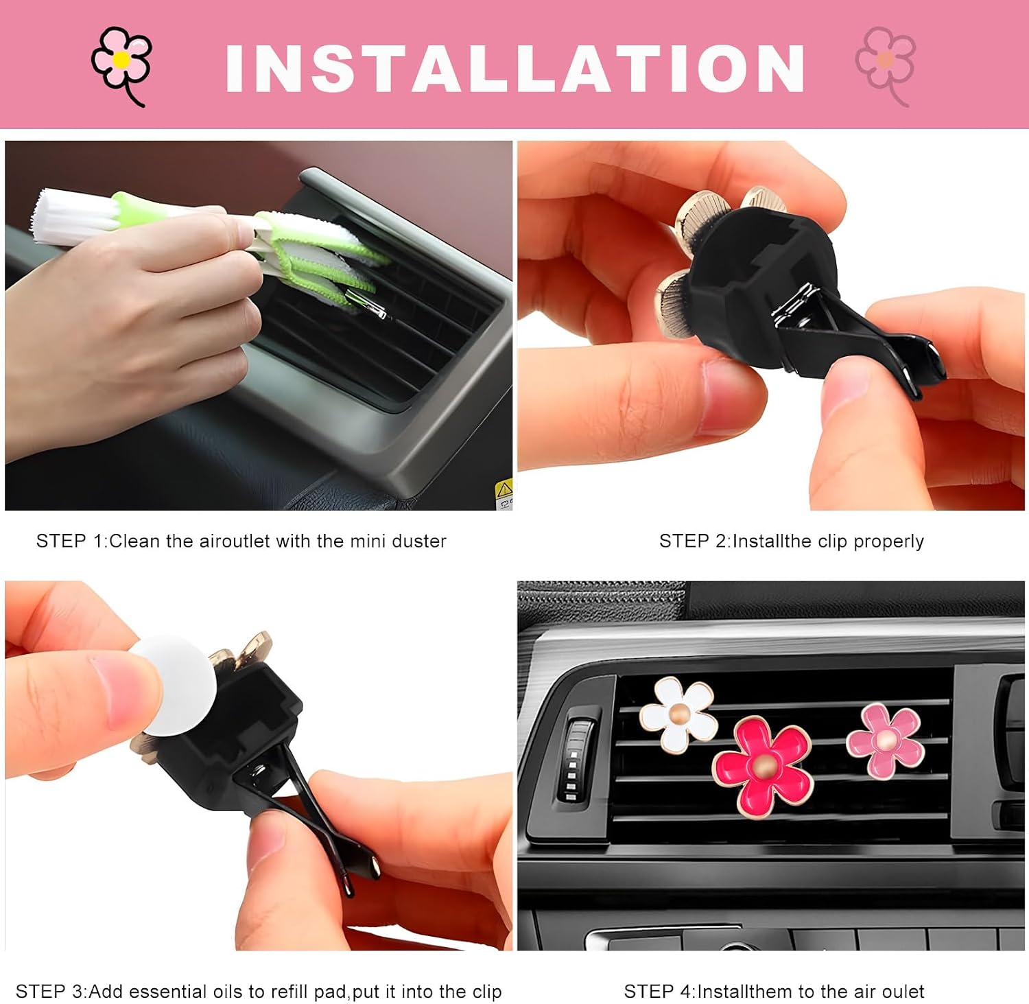 6 PCS Daisy Air Vent Clips, Cute Flower Air Conditioning Outlet Clip Car Interior Decoration, Flower Vehicle Diffuser Vent Clip Air Fresheners for Women Girl (White & Pink & Rose Red) image 3