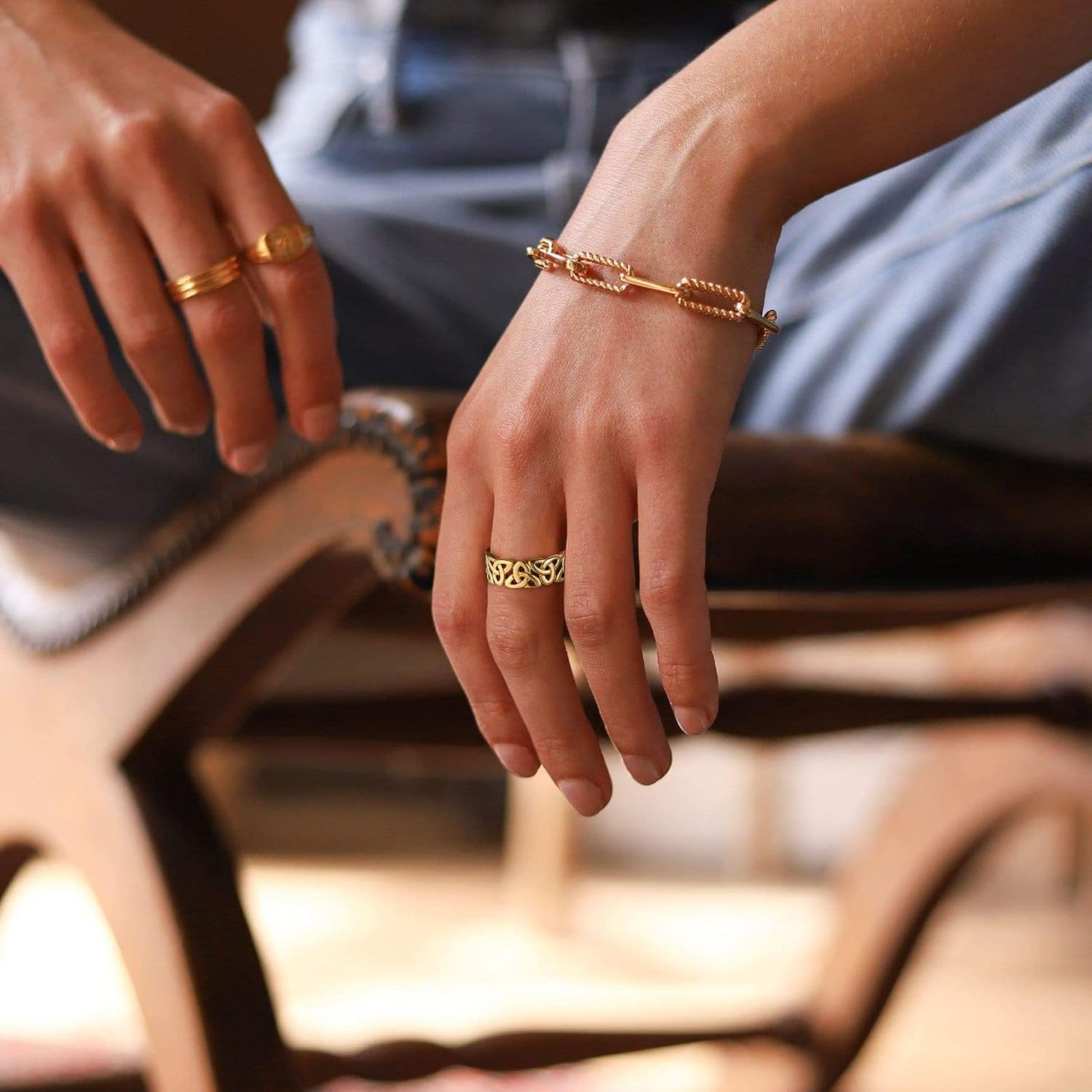 Bestyle Celtic Knot Band Rings for Men Women, Stainless Steel Irish Finger Ring Viking Wedding Bands Jewelry Gift Wedding Promise (14-Gold-Style03) - Image 4