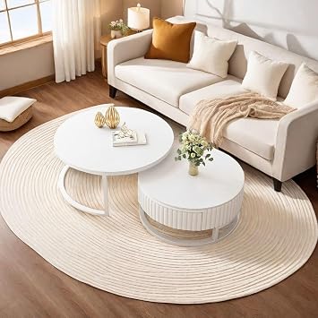Set of 2 Coffee Tables Round White 50 + 70 cm Living Room Table Round Coffee Table with Storage Space Marble Side Table Sturdy Metal Frame Set Tables for Living Room Easy Assembly for Bedroom Office