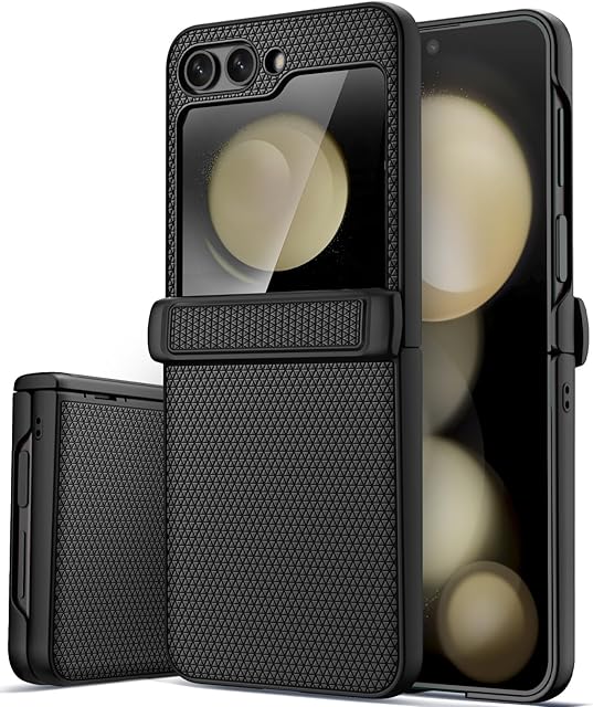 Vihibii for Samsung Galaxy Z Flip 5 Case with Back Screen Protector & Hinge Protection, Slim Fit Non-Slip Stylish Texture Shockproof Rugged Phone Protective Cover Case for Galaxy Z Flip 5 5G, Black