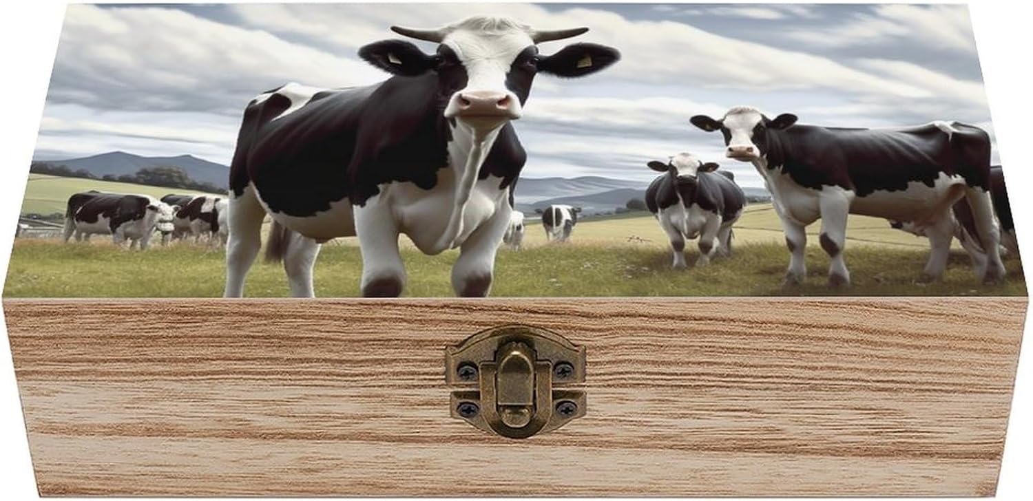 Wood Keepsake Box with Hinged Lid Handmade Wooden Wedding Memory Treasure Boxes Organizer Decorative Farm Cow Pictures Storage Box for Jewelry Coins Cards Photos Letters Crafts Storage