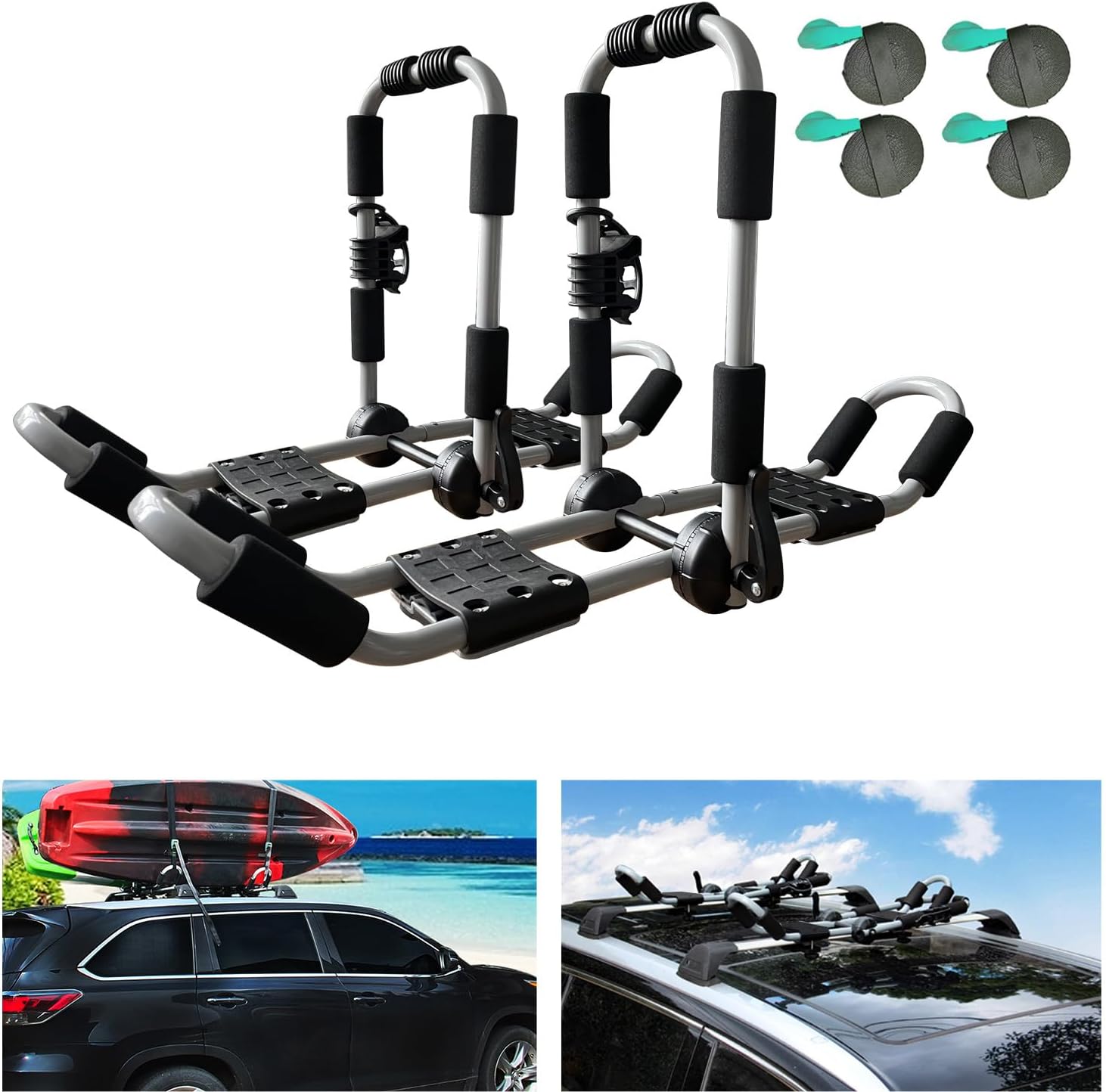 Kayak Roof Rack 4-in-1 Folding Adjustable Bilateral J-Shaped Roof Rack for Kayak/Surf/Ski Roof Carrier Rack with 4 PCS Tie Down Straps On Rooftop Mount on Car SUV Truck Crossbar