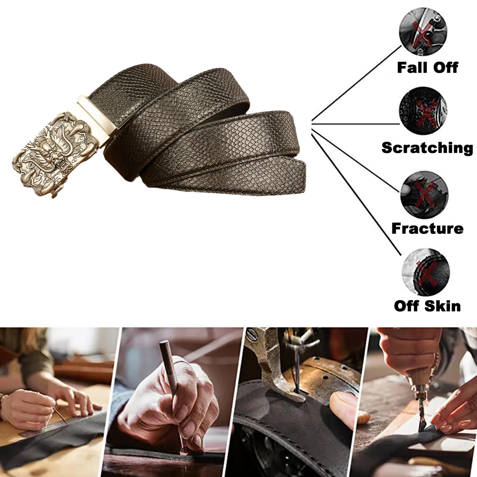 Cinturón De Cuero Con Trinquete Deslizante Occidental Diseño Piel Serpiente Hebilla Automática Dragón 120 Cm (cintura 41 ") Negro