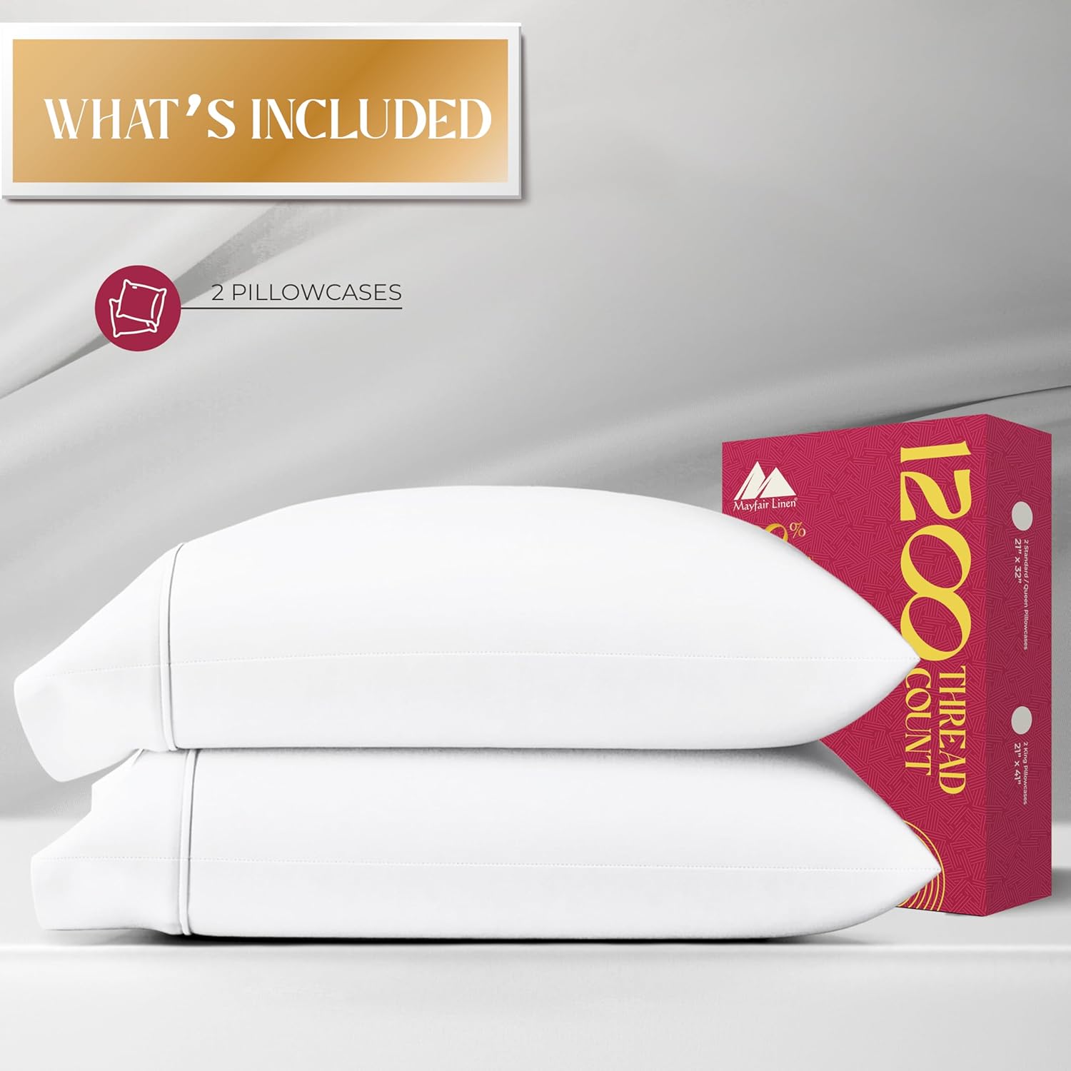 Mayfair Linen 100% Egyptian Cotton Pillow Cases Standard/Queen Size Set of 2 - Luxury 1200 Thread Count Sateen White Pillow Cases, Silky Soft Cotton Pillowcases Fits Standard & Queen Size Pillows - Image 4