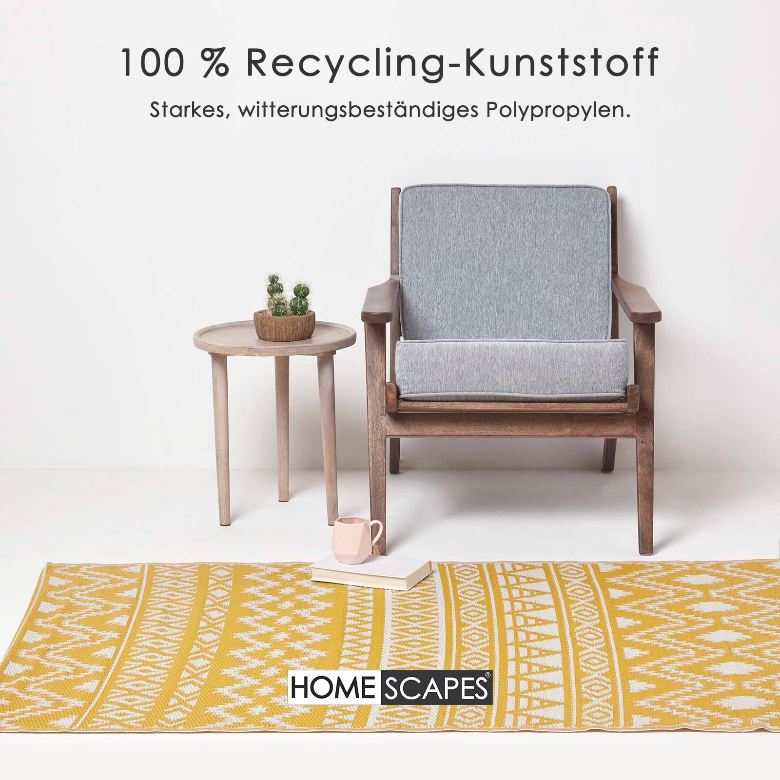 Homescapes Outdoor Teppich wetterfest – Anna Gartenläufer aus recyceltem Polypropylen, beidseitig verwendbar, gelb-weiß Gemustert, für Balkon, Terrasse, Garten, Camping & Indoor, 75x200 cm