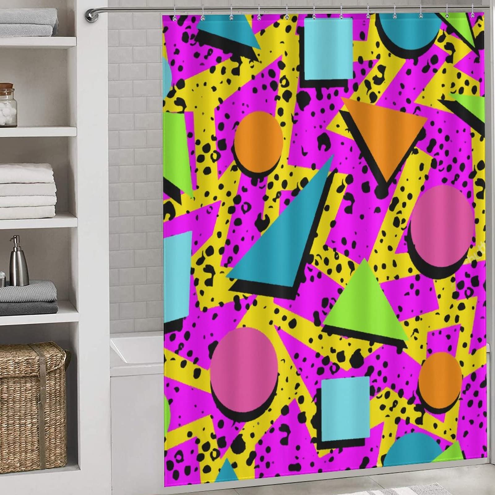 Tenda Doccia Geometrica Stile Memphis Anni 80/90 - 180x180 Cm - Tessuto Poliestere Con Ganci - Forme Astratte E Strisce