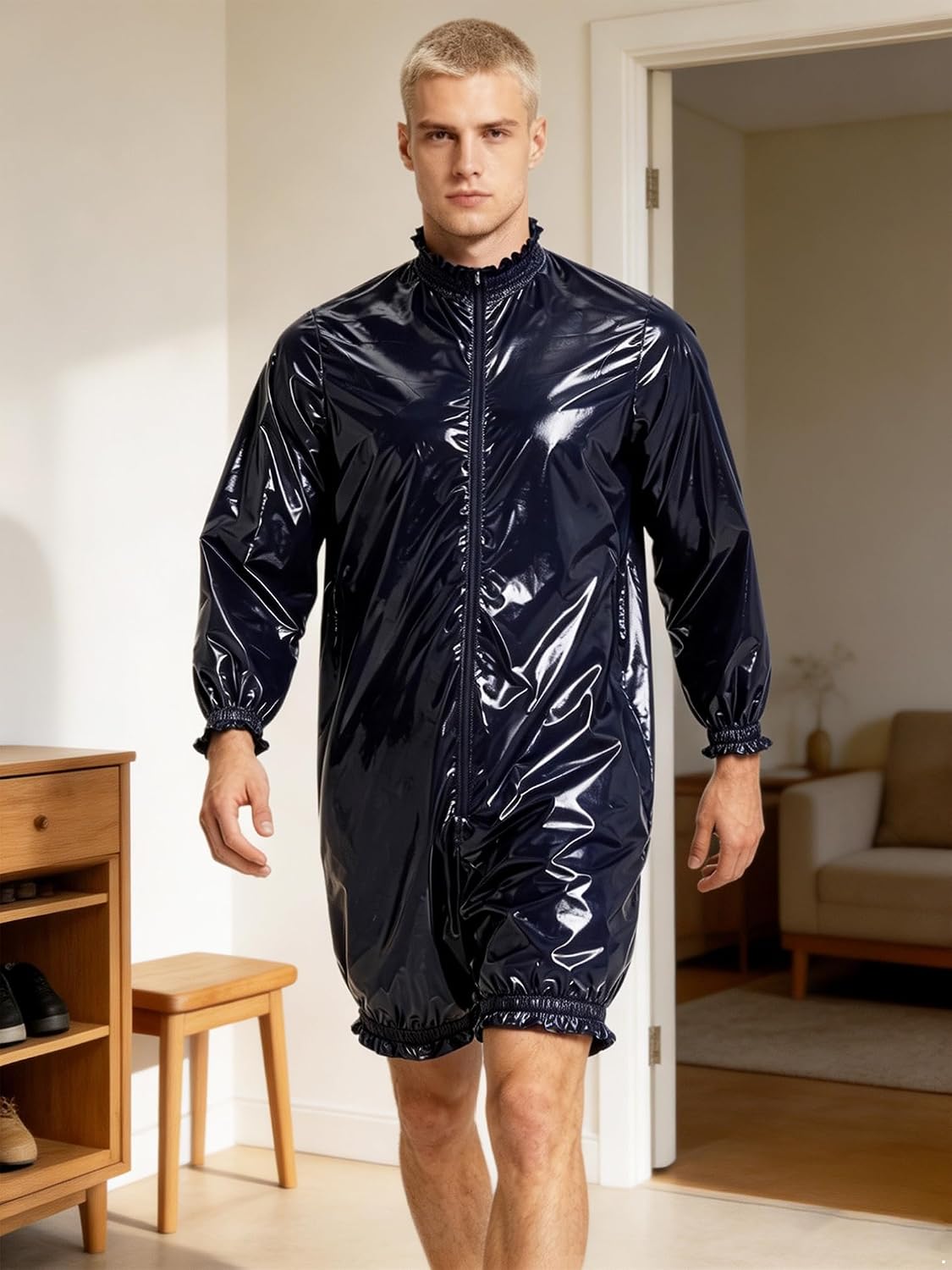 ranrann Men Incontinence Bodysuit Front Zip Up Nightwear | Leakproof,Mock Neck,Zipper Front,Long Sleeve,Lightweight Adjustable Fit,Sauna Suit,Turtleneck,Special Needs Clothing