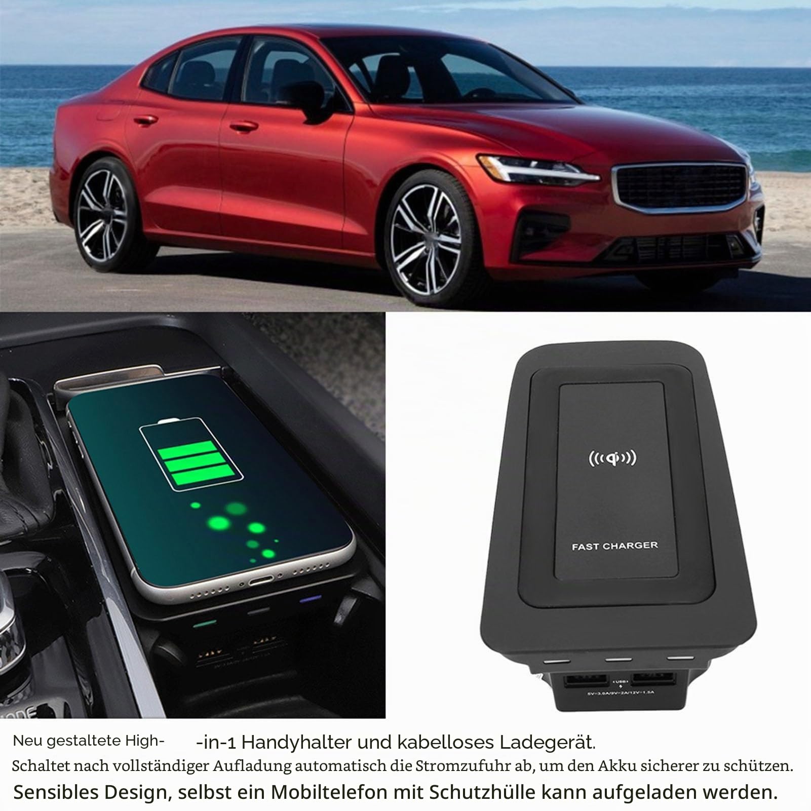 Drahtloses Ladegerät, 15W WPC Qi 1.2 Auto-Ladegerät Ladeplatte Induktives Ladegerät Passend für S60 / V60 / XC60 / S90 / V90 / XC90