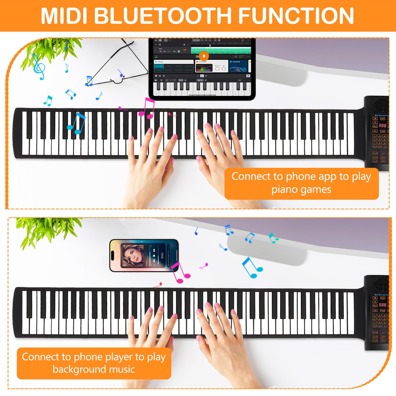 Teclado Piano Enrollable 88 Teclas, Piano Digital Portátil Recargable con 128 Ritmos Tonos, Función MIDI, Teclado Piano Plegable para Niños Adultos Principiantes