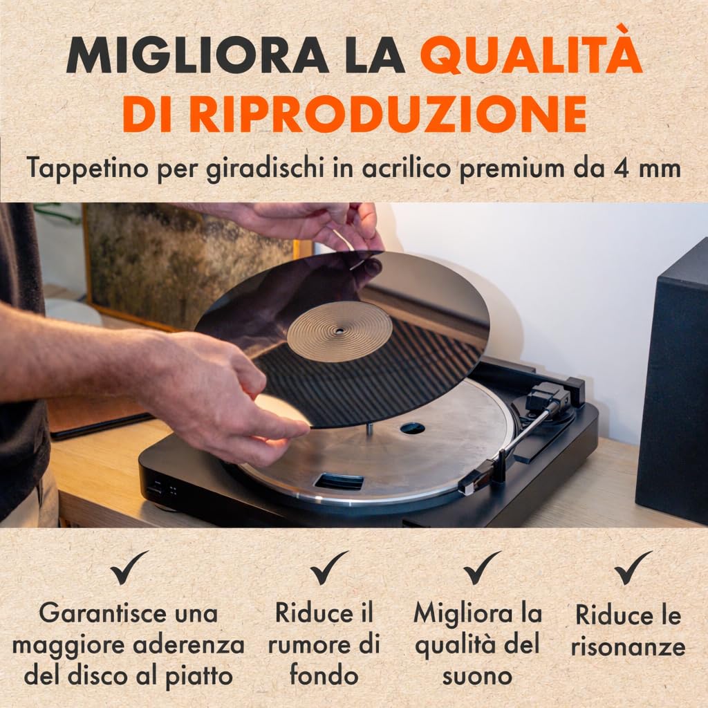 Tappetino acrilico nero per giradischi | SPINCARE Premium 4 mm Slipmat Giradischi | Migliora il suono dei vinili | Copri giradischi Hi-Fi per lettore dischi in vinile